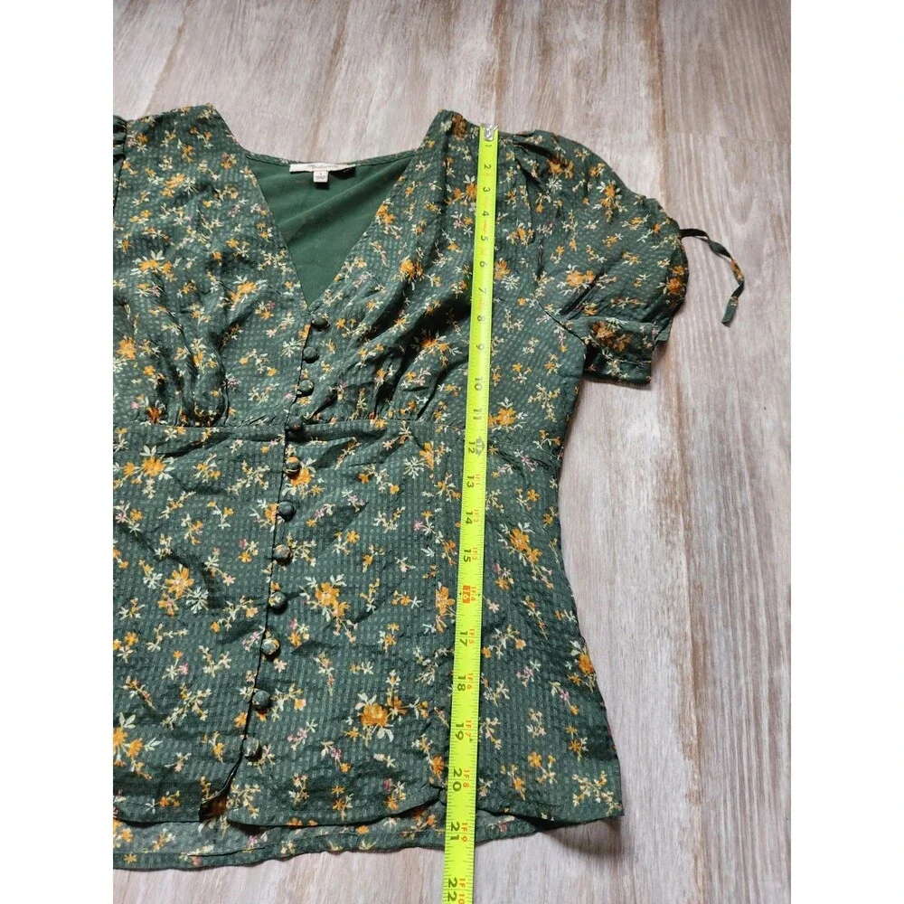Madewell 100% Silk Floral Blouse Women 4 Green Puff Sleeve Button Front Top EUC